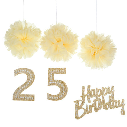 Letrero Happy Con Borlas Marfil Y Pick Champaña