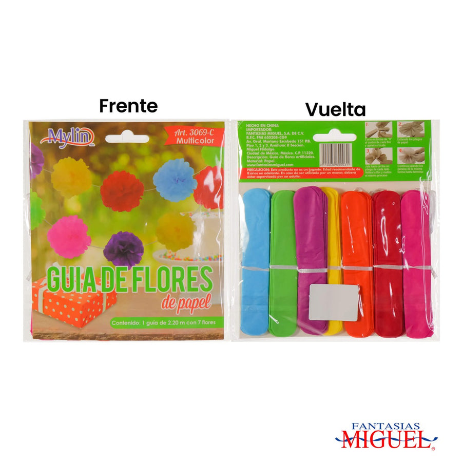 Art.3069 Guía Con 7 Flores De Papel Mixto 2.2m 1pz