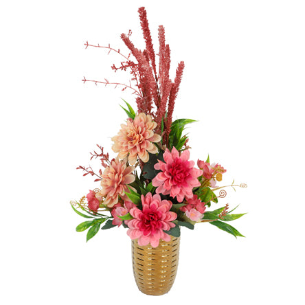 Base Oro Con Arreglo Rosa Con Gardenias