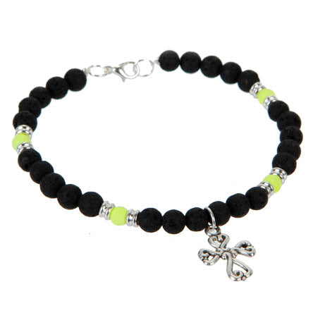 Pulsera De Cuentas Negras Y Cruz Plata