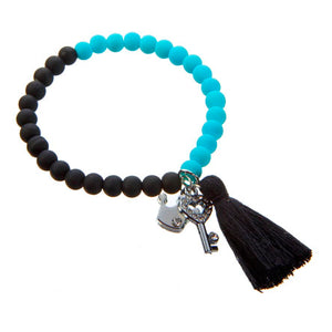 Pulsera Turquesa-Negro Con Borla Y Dijes
