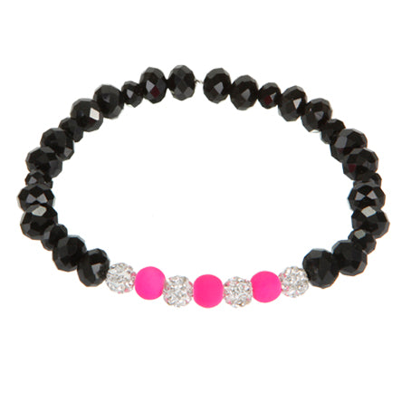 Pulsera Con Rondel Negro Y Caucho Rosa Neon