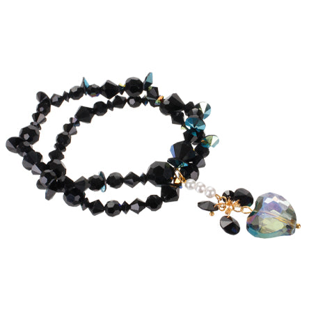 Pulsera Con Cristal Preciosa Negro Y Corazón De Cristal