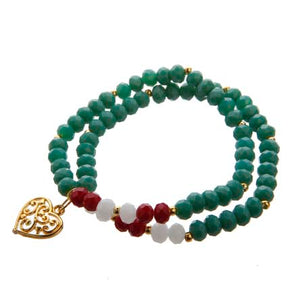 Pulsera Doble Cuentas Rondel Con Dije De Corazón