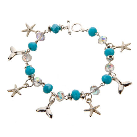 Pulsera Cristal-Azul Con Dijes Del Mar Plata