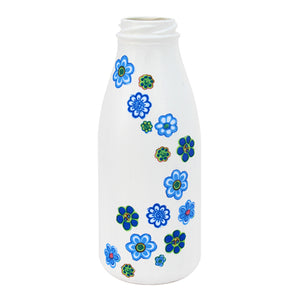 Frasco Pintado Con Flores De Tela Azul