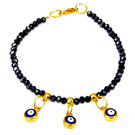 Pulsera De Cristales Negro Diamantado Con Dijes De Ojitos De La Suerte