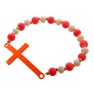Pulsera Con Cuenta Caucho Marfil-Naranja Con Cruz Curva