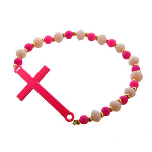 Pulsera Con Cuenta Caucho Rosa-Marfil Con Cruz Curva