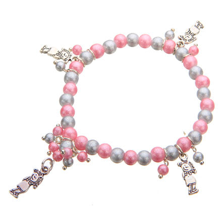 Pulsera Con Perlas Destello Rosa-Gris Con Dijes Niña