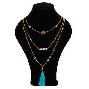 Collar De Cadena Triple Oro-Menta Con Dije Mandala Y Borla