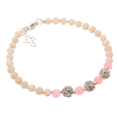 Pulsera Rosa Marfil Con Dije De Cruz