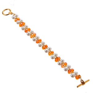 Brazalete Blanco-Naranja Con Perlas Y Cristales Escalera