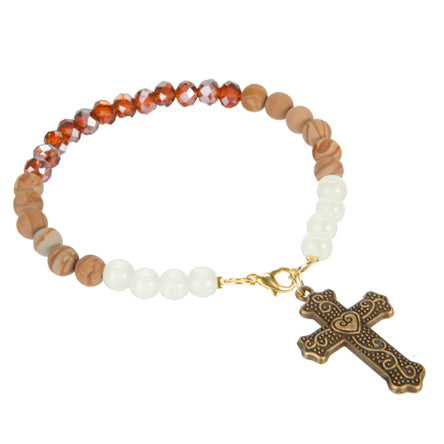 Pulsera Café/Blanco Con Cruz Oro Antiguo