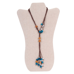 Collar De Cordón Café Con Cuentas Jade/Blanco Y Madera