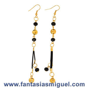 Aretes De Rondel Negro C/ Gamuza Y Cuenta Oro