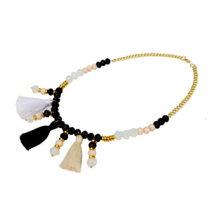 Collar Blanco-Marfil-Negro Con Cordón Encerado