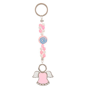 Llavero Con Perlas Blanco-Rosa Con Ángel
