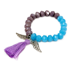 Pulsera Turquesa-Morado Con Borla Y Dijes De Alas