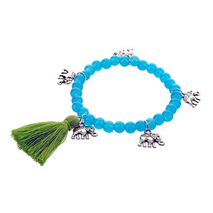 Pulsera Azul Con Dijes Elefantes Y Borla