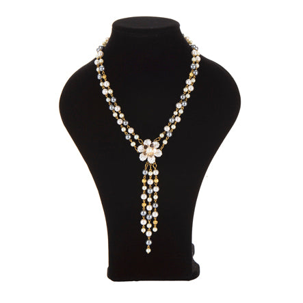 Collar De Perlas Gris-Rosa Con Flor