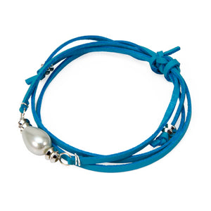 Pulsera Cordón Imitación Gamuza Azul Con Perla Gota