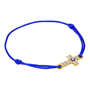 Pulsera De Cordón Azul Rey Y Dije Cruz Con Ojito