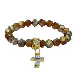Pulsera Café-Miel Con Cruz De Ojito De La Suerte