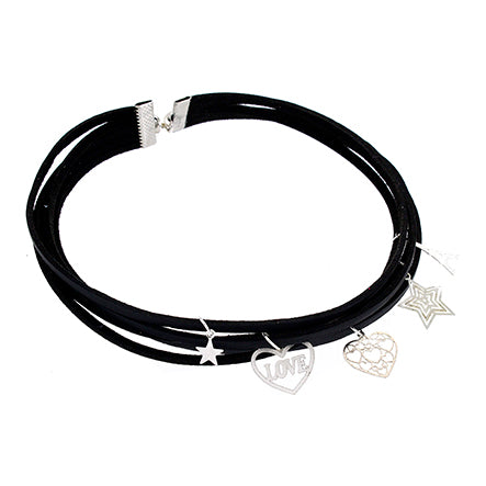 Gargantilla Imitación Gamuza Negro Con Dijes Plata