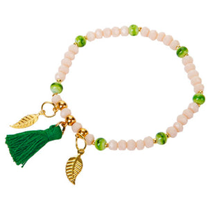 Pulsera Marfil-Olivo Con Borla Y Dijes Hoja