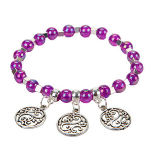 Pulsera Morado-Plata Con Dijes Grabado