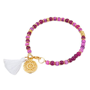 Pulsera Lila-Morado Con Borla Y Dije Redondo