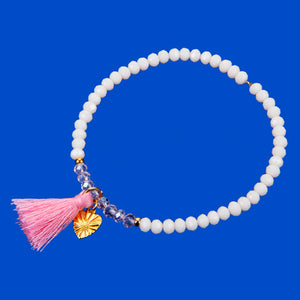 Pulsera De Rondeles Blanco-Cristal Con Borla Rosa