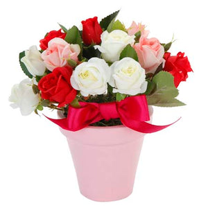 Maceta De Barro Rosa Con Rosas De Colores