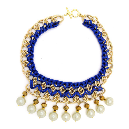 Gargantilla Azul-Oro Con  Perlas