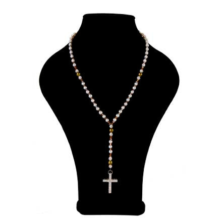 Collar Rosario De Perlas  Con Cruz De Cristales