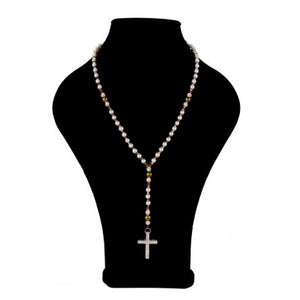 Collar Rosario De Perlas  Con Cruz De Cristales