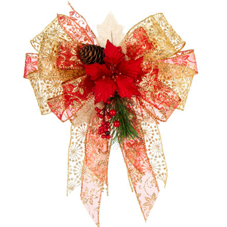 Moño Rojo/Oro Con Listón De Organza