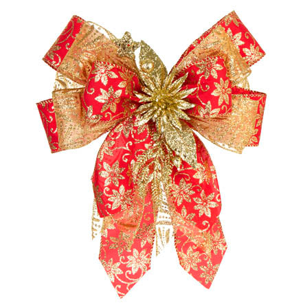 Moño Rojo/Oro Con Pick Navideño Nochebuena