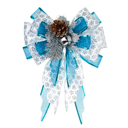 Moño Turquesa/Plata/Blanco Con Pick De Navidad