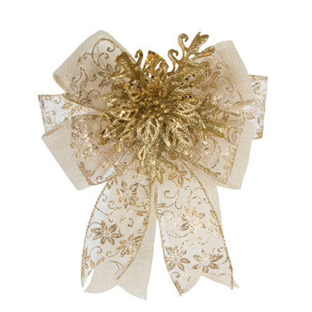 Moño Marfil/Oro Con Pick Navideño Nochebuena Diamantada