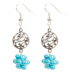 Aretes Plata Con Dije Grabado Y Perlas Destello Azul