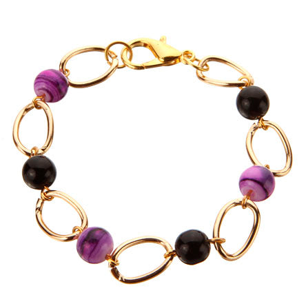 Pulsera De Cadena Con Cuentas Redonda Amatista Y Perlas Cristal Negro