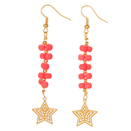 Aretes Largos Con Cuentas Caucho Naranja Y Dije Estrella