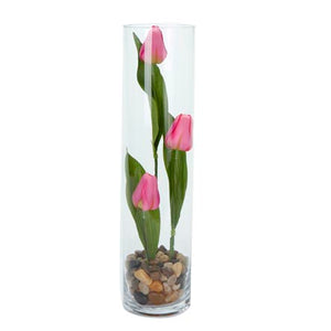 Arreglo Alto De Tulipanes Rosas Con Piedras Decorativas