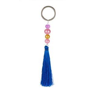 Llavero De Borla Azul Con Perlas Rosas