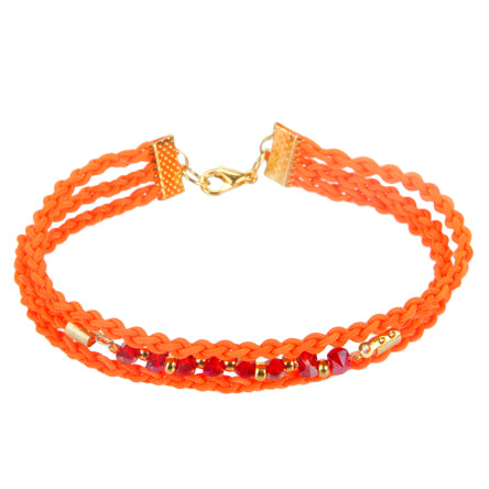 Pulsera Naranja Triple Tejida Con Cristales Rojos