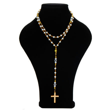 Collar Rosario De Engarces Con Rondeles Blanco Y Cruz Oro