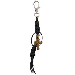 Llavero De Cordón Negro Con Argollas Y Cruz Oro
