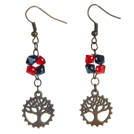 Aretes De Cristal Moño Rojo/Negro Y Árbol De La Vida